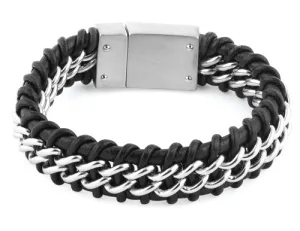 Stainless Steel Chain Black Leather Bracelet