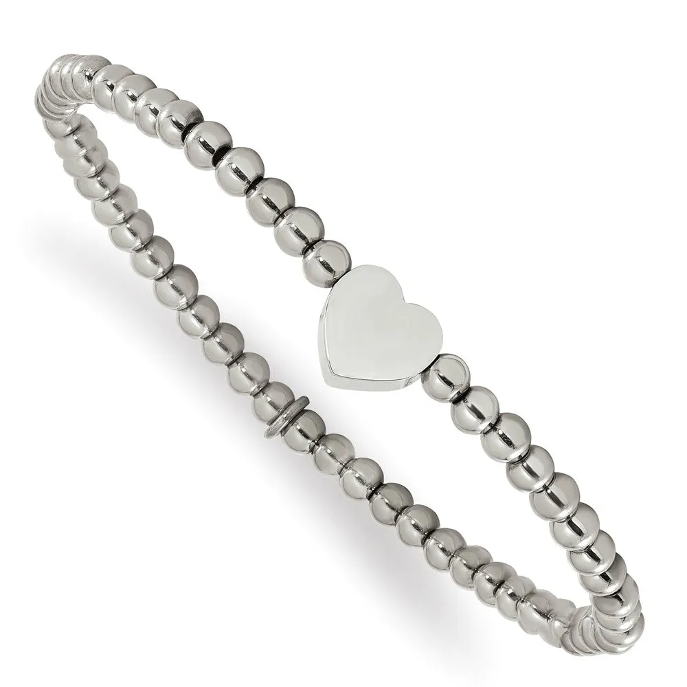 Stainless Steel Polished Heart Beaded Stretch Bracelet