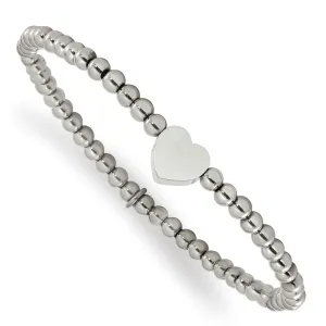 Stainless Steel Polished Heart Beaded Stretch Bracelet