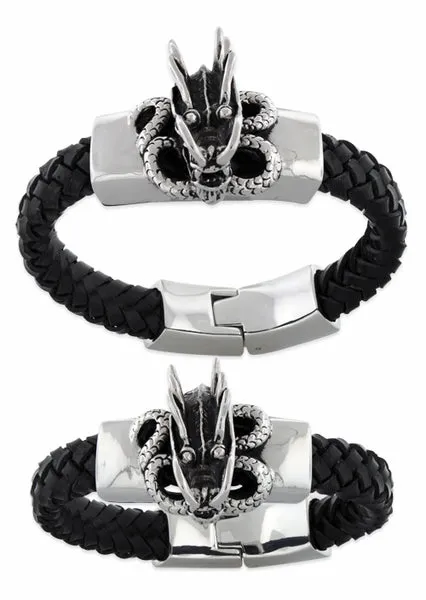 Stainless Steel Shenron Dragon Leather Bracelet