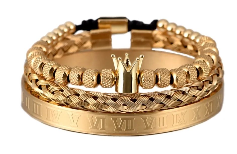 Stainless Steel Unisex  Crown / Roman numerals - Bracelet Set 3 Pieces ( 18kt Gold)