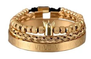 Stainless Steel Unisex  Crown / Roman numerals - Bracelet Set 3 Pieces ( 18kt Gold)