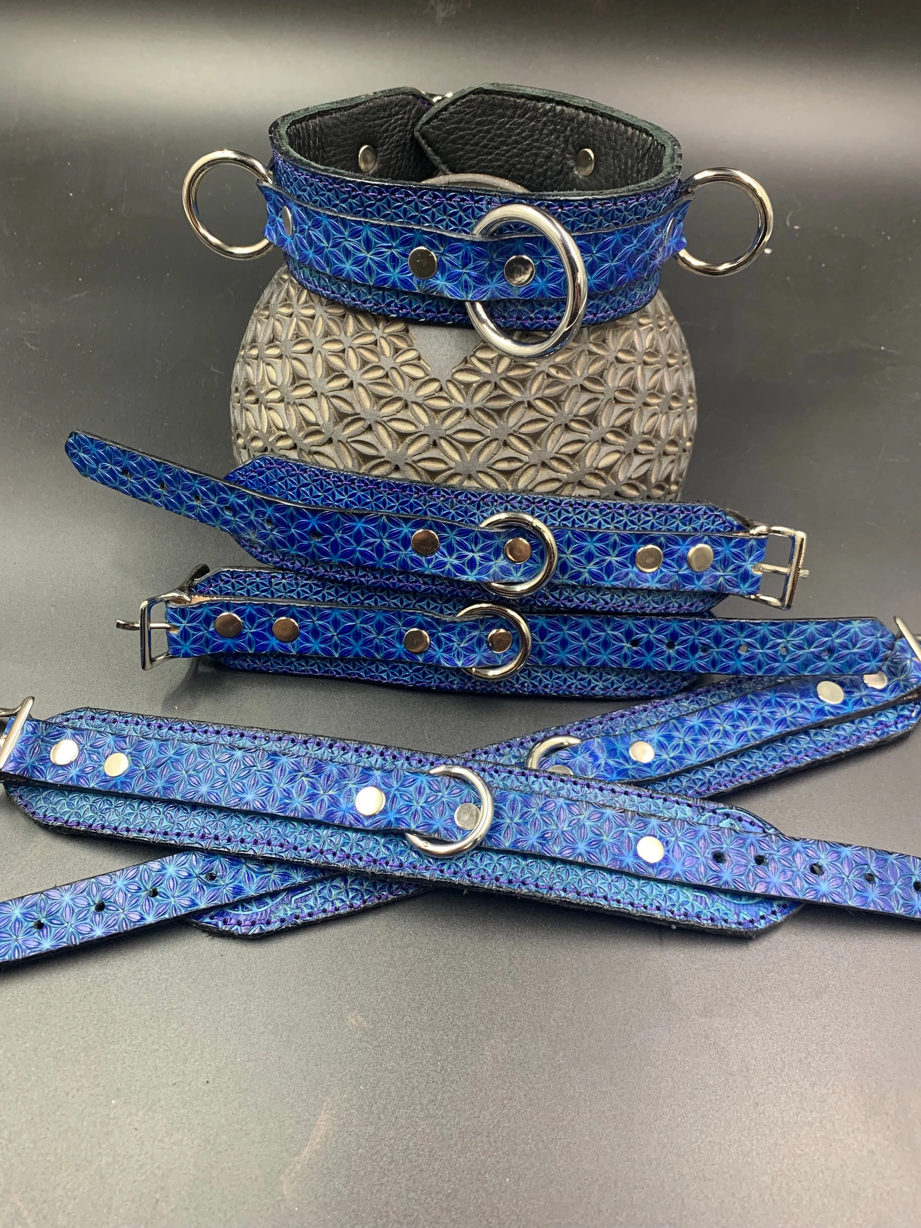 Stamped Leather Bondage Gear - Collar and 2 Cuff Sets