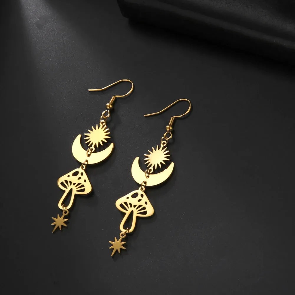 Star Sun Crescent Moon Mushroom Stainless Steel Dangle Earrings Jewelry