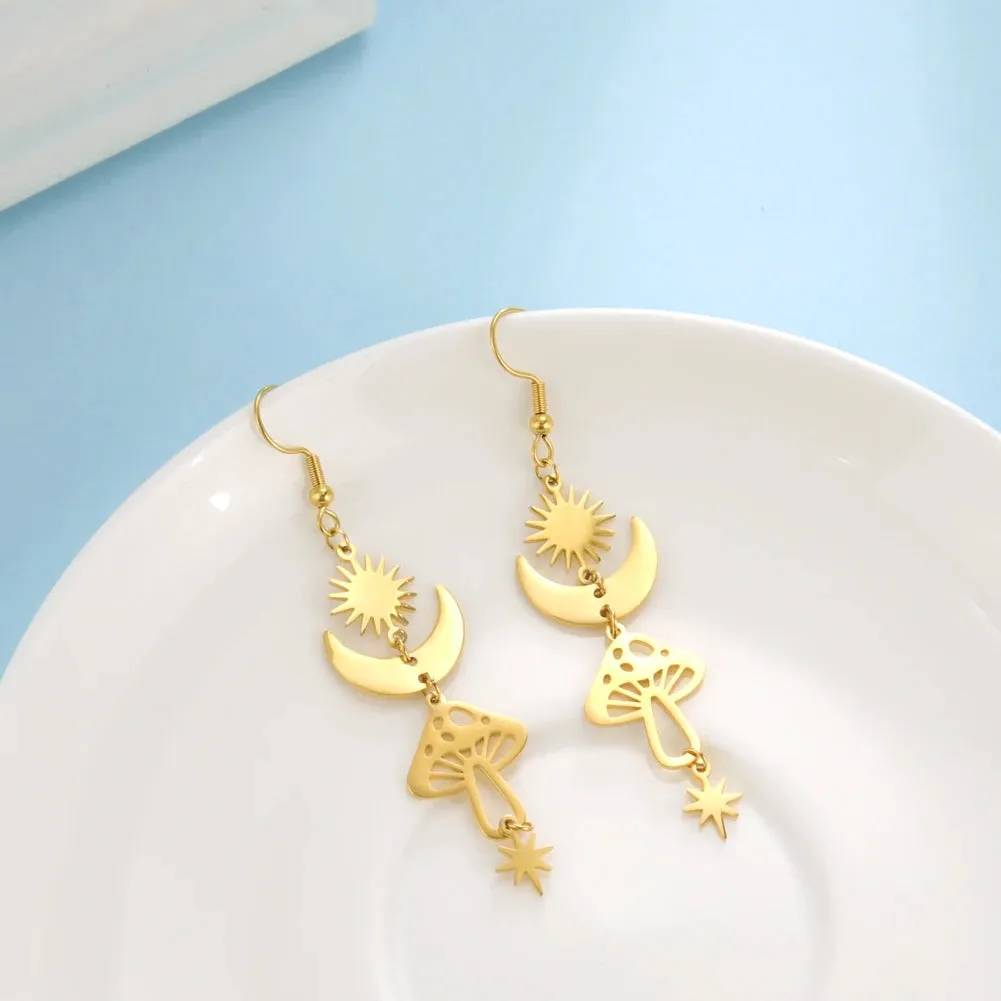 Star Sun Crescent Moon Mushroom Stainless Steel Dangle Earrings Jewelry