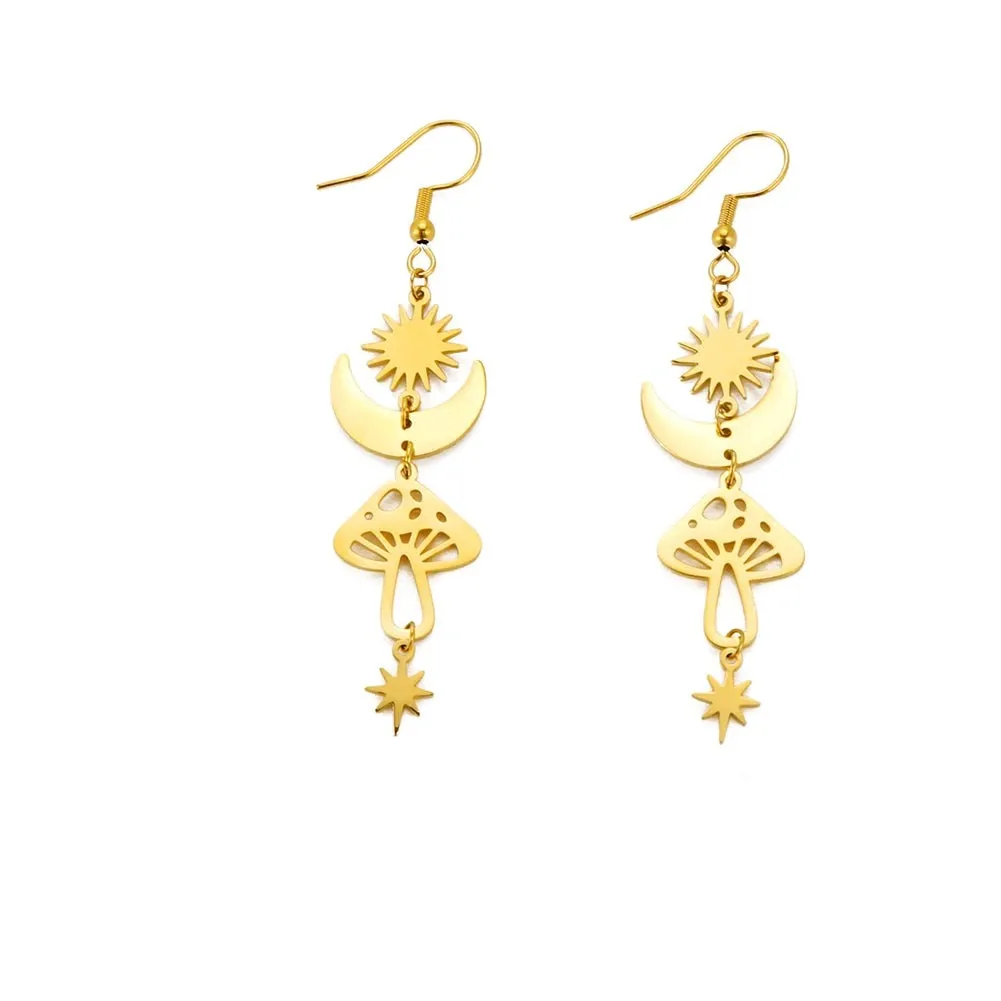Star Sun Crescent Moon Mushroom Stainless Steel Dangle Earrings Jewelry