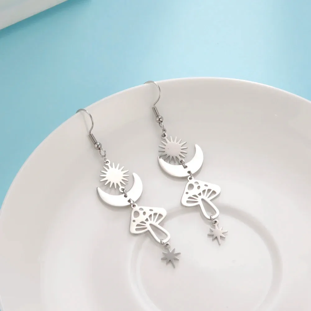Star Sun Crescent Moon Mushroom Stainless Steel Dangle Earrings Jewelry