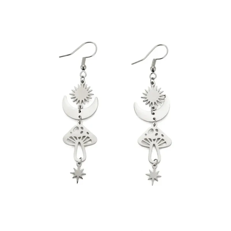 Star Sun Crescent Moon Mushroom Stainless Steel Dangle Earrings Jewelry