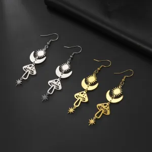 Star Sun Crescent Moon Mushroom Stainless Steel Dangle Earrings Jewelry
