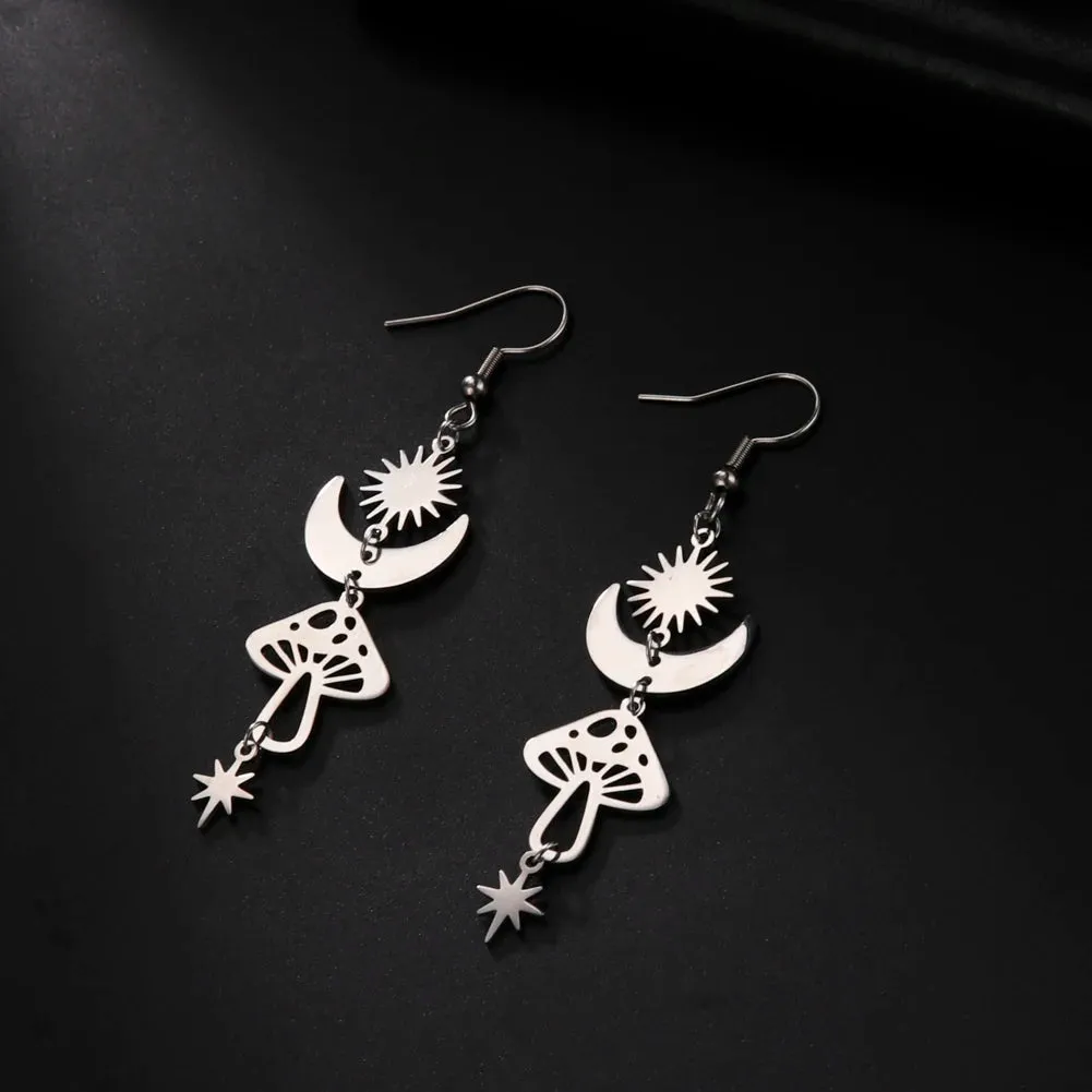 Star Sun Crescent Moon Mushroom Stainless Steel Dangle Earrings Jewelry