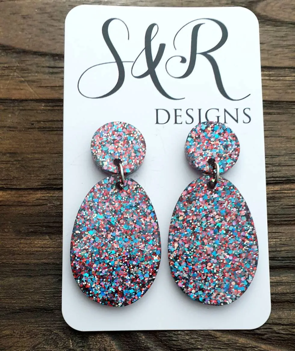 Statement Oval Long Resin Earrings, Confetti Glitter Resin Earrings, Stainless Steel Earrings, Bridesmaid Earrings, Bride Earrings