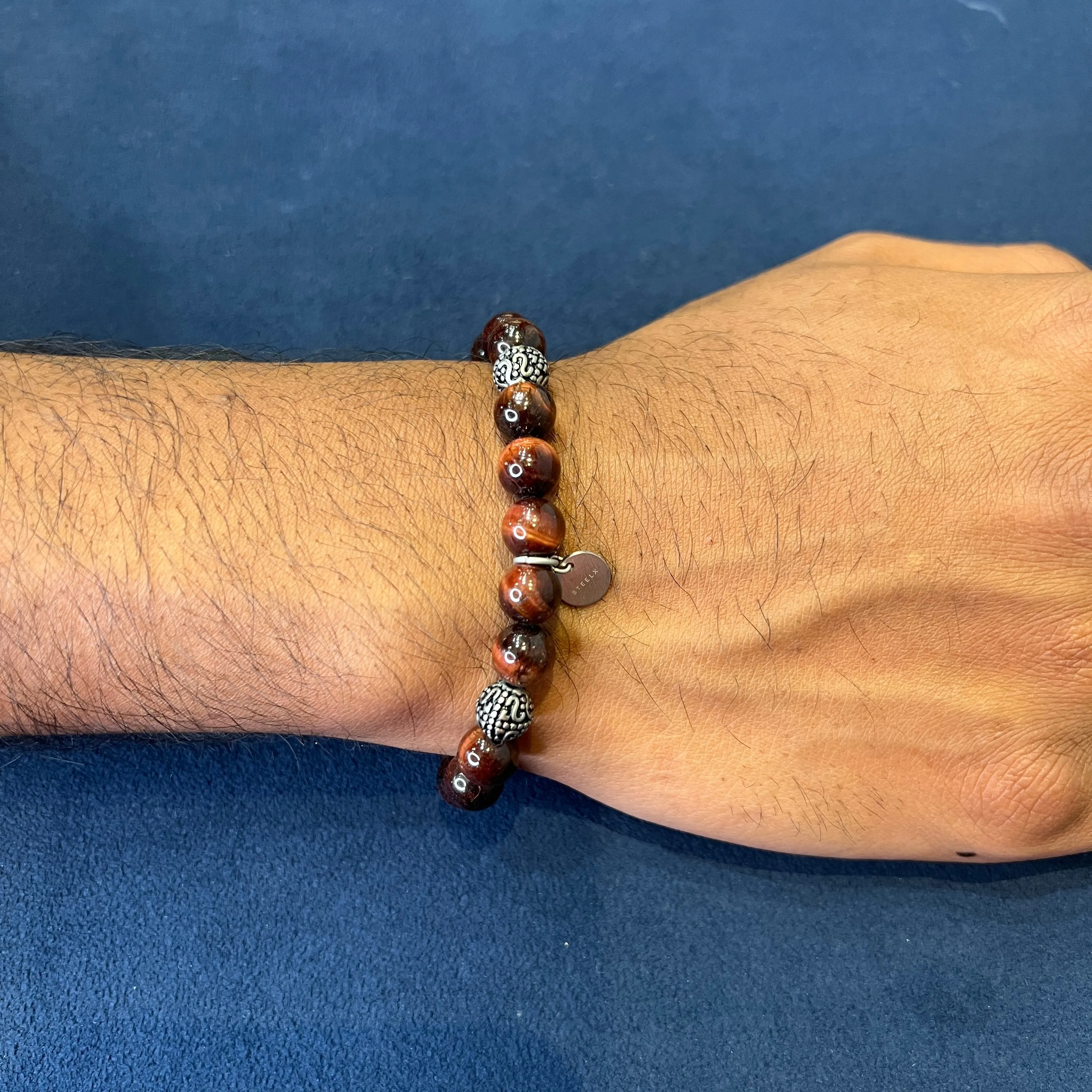 Steelx Red Tiger's Eye and Stainless Steel (8mm) Beaded Stretch Bracelet