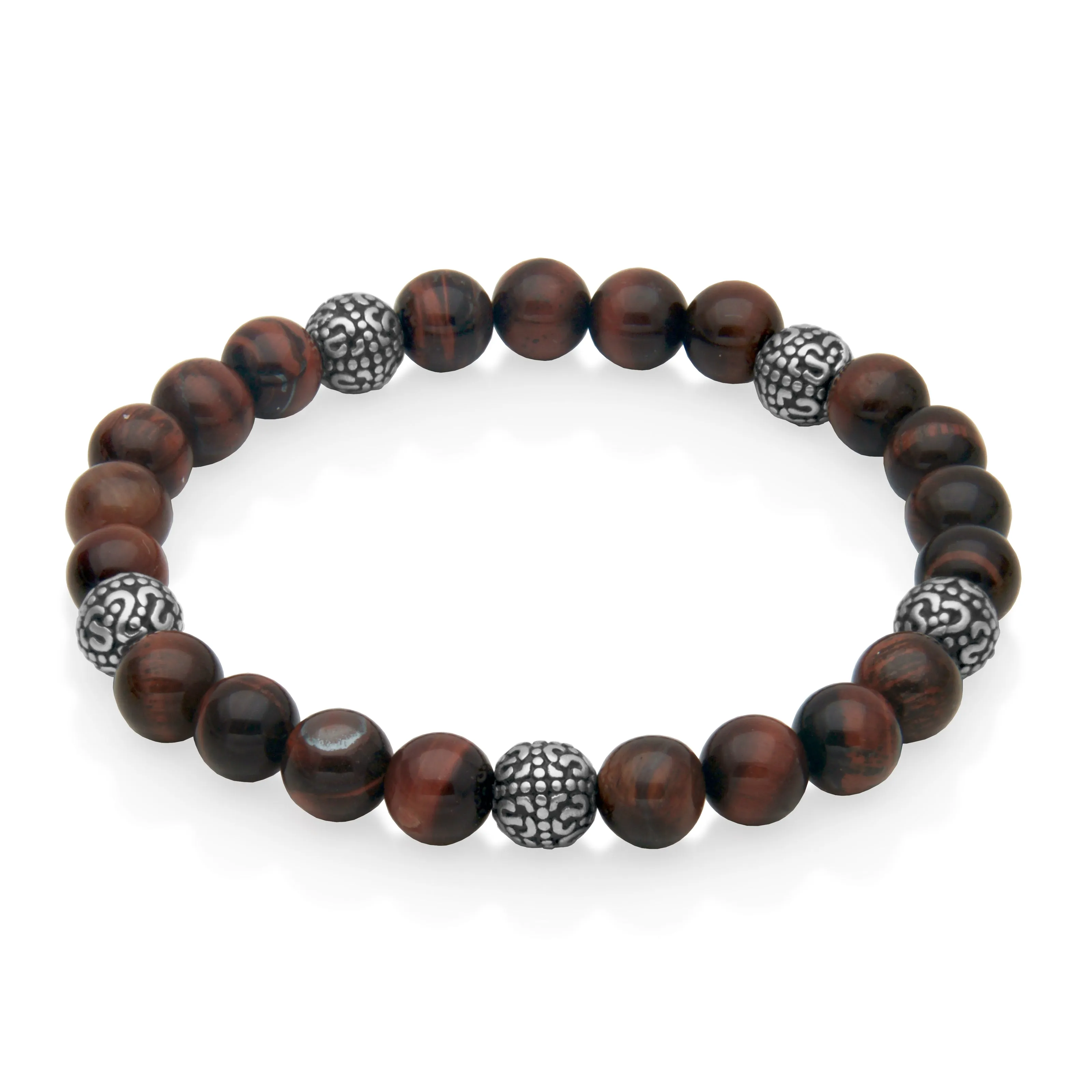 Steelx Red Tiger's Eye and Stainless Steel (8mm) Beaded Stretch Bracelet