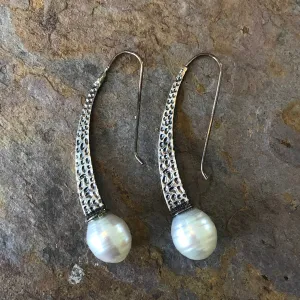 Sterling Silver   11mm Paspaley South Sea Pearl Hammed Curved Earrings