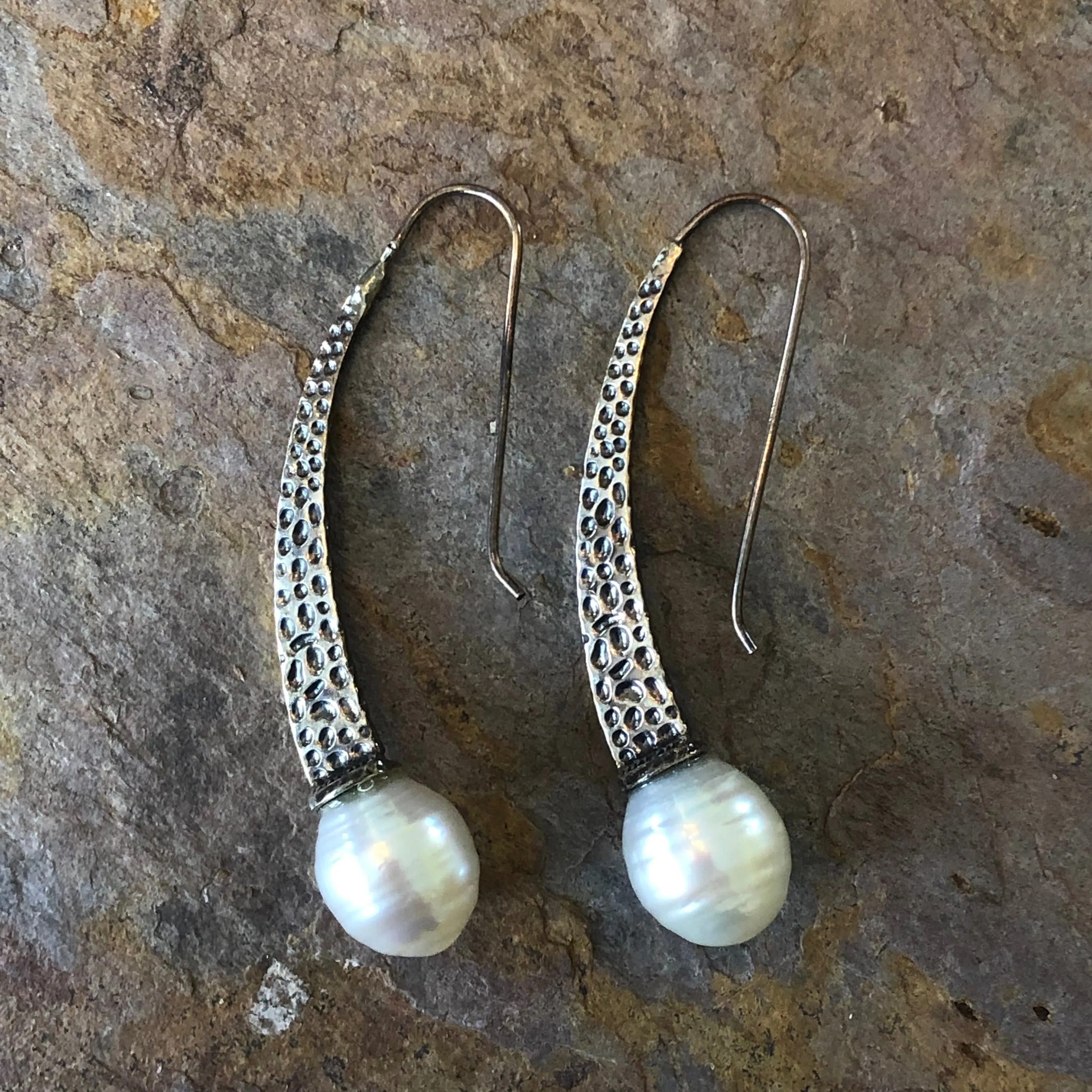 Sterling Silver   11mm Paspaley South Sea Pearl Hammed Curved Earrings