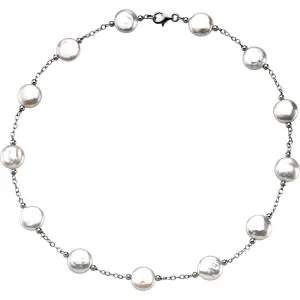 Sterling Silver 12-13mm Freshwater Cultured White Coin Pearl Station 18" Necklace