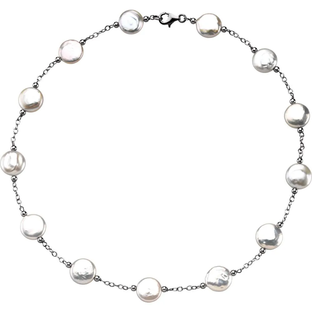 Sterling Silver 12-13mm Freshwater Cultured White Coin Pearl Station 18" Necklace