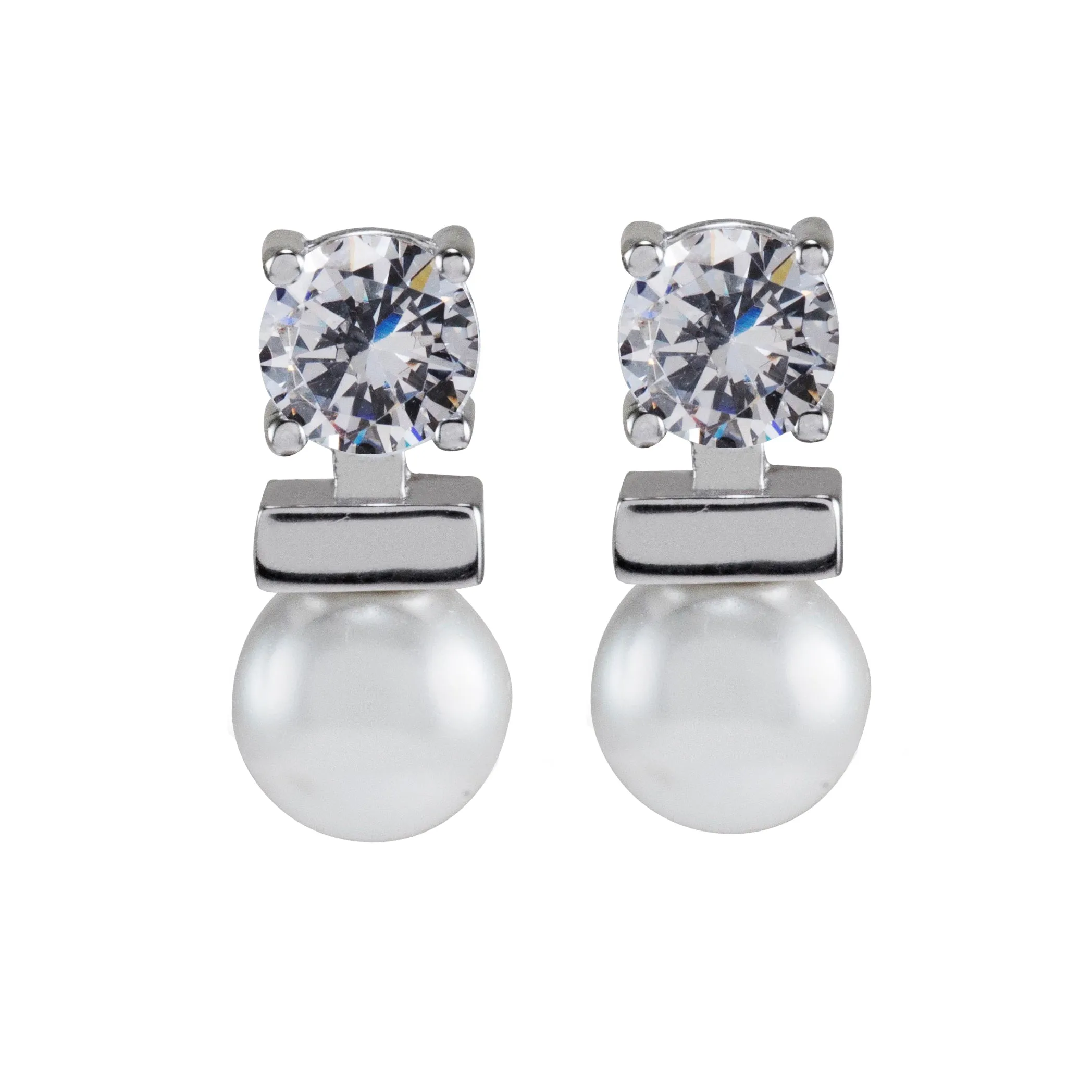 Sterling Silver 8mm Glass Pearls with Cubic Zirconia Drop Earrings