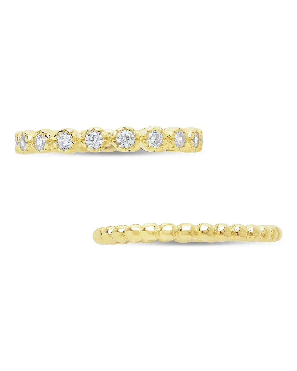 Sterling Silver Bezel Set CZ & Beaded Band Stackable Ring Set