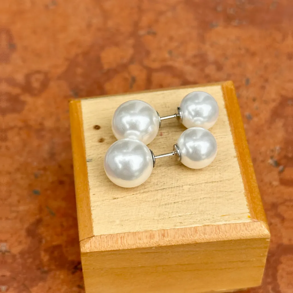 Sterling Silver Double Imitation White Pearl Stud Earrings