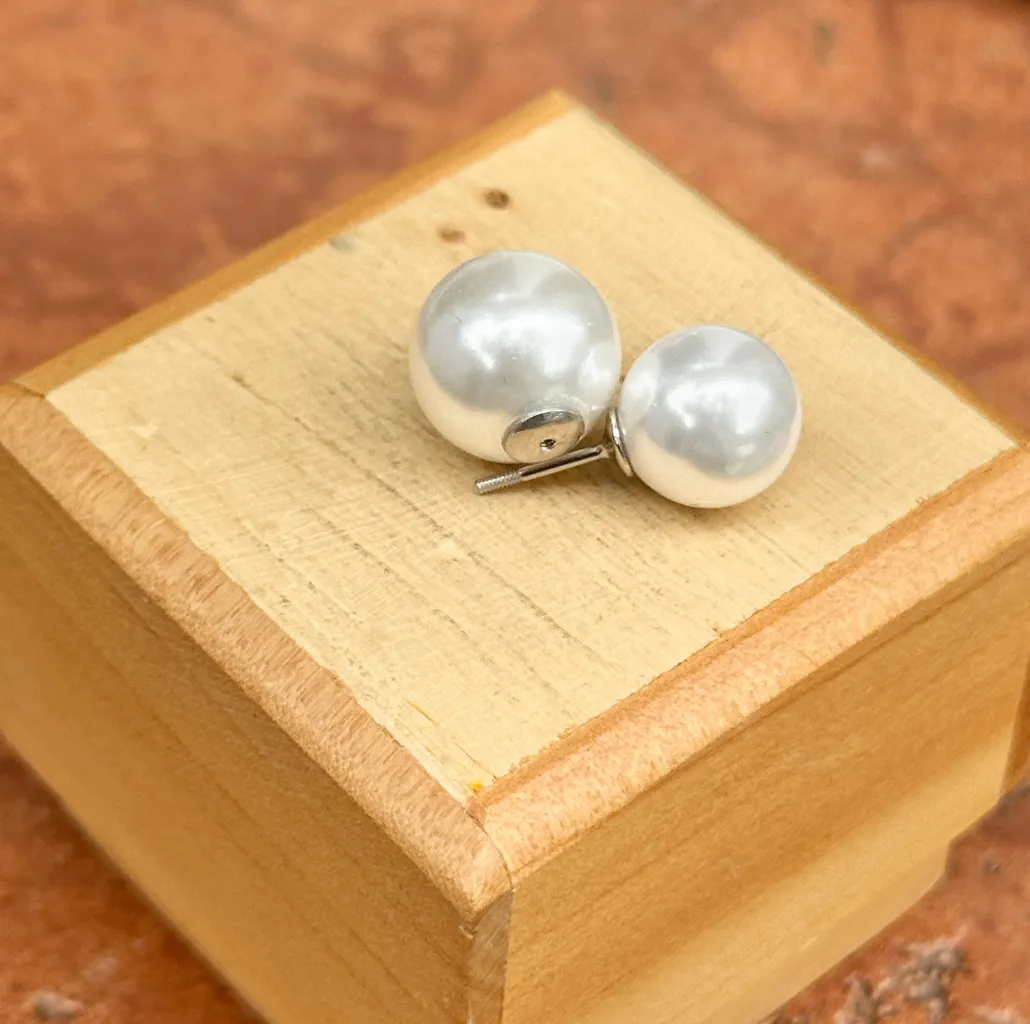 Sterling Silver Double Imitation White Pearl Stud Earrings
