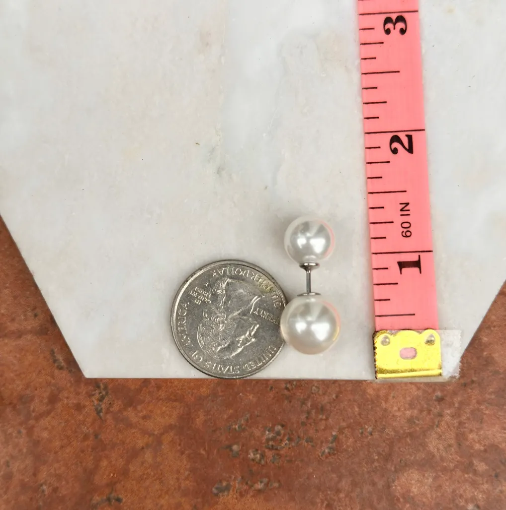 Sterling Silver Double Imitation White Pearl Stud Earrings
