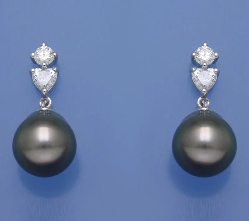 Sterling Silver Earrings with 10.5-11mm Drop Shape Tahitian Pearl and Cubic Zirconia