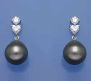 Sterling Silver Earrings with 10.5-11mm Drop Shape Tahitian Pearl and Cubic Zirconia