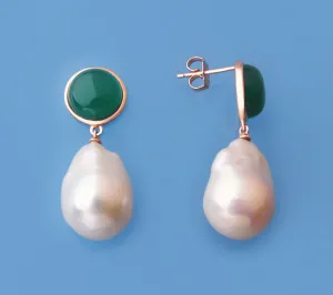 Sterling Silver Earrings with 14-15mm Baroque Shape Freshwater Pearl and Green Agate