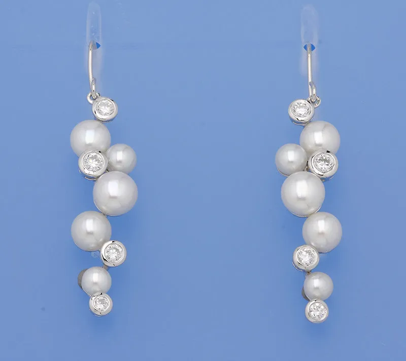 Sterling Silver Earrings with 5-8mm Button Shape Freshwater Pearl and Cubic Zirconia