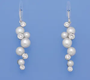 Sterling Silver Earrings with 5-8mm Button Shape Freshwater Pearl and Cubic Zirconia