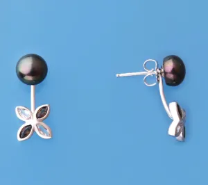 Sterling Silver Earrings with 7.5-8mm Button Shape Freshwater Pearl, White Topaz and Smoky Quartz