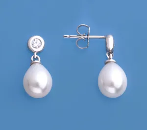 Sterling Silver Earrings with 7.5-8mm Oval Shape Freshwater Pearl and Cubic Zirconia
