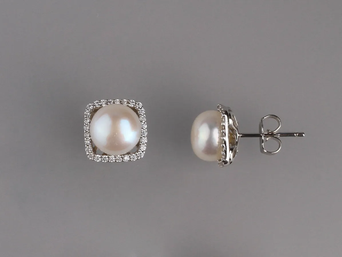 Sterling Silver Earrings with 8-8.5mm Button Shape Freshwater Pearl and Cubic Zirconia