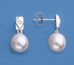 Sterling Silver Earrings with 8.5-9mm Oval Shape Freshwater Pearl and Cubic Zirconia