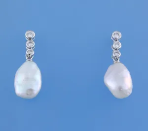 Sterling Silver Earrings with Baroque Shape Freshwater Pearl and Cubic Zirconia