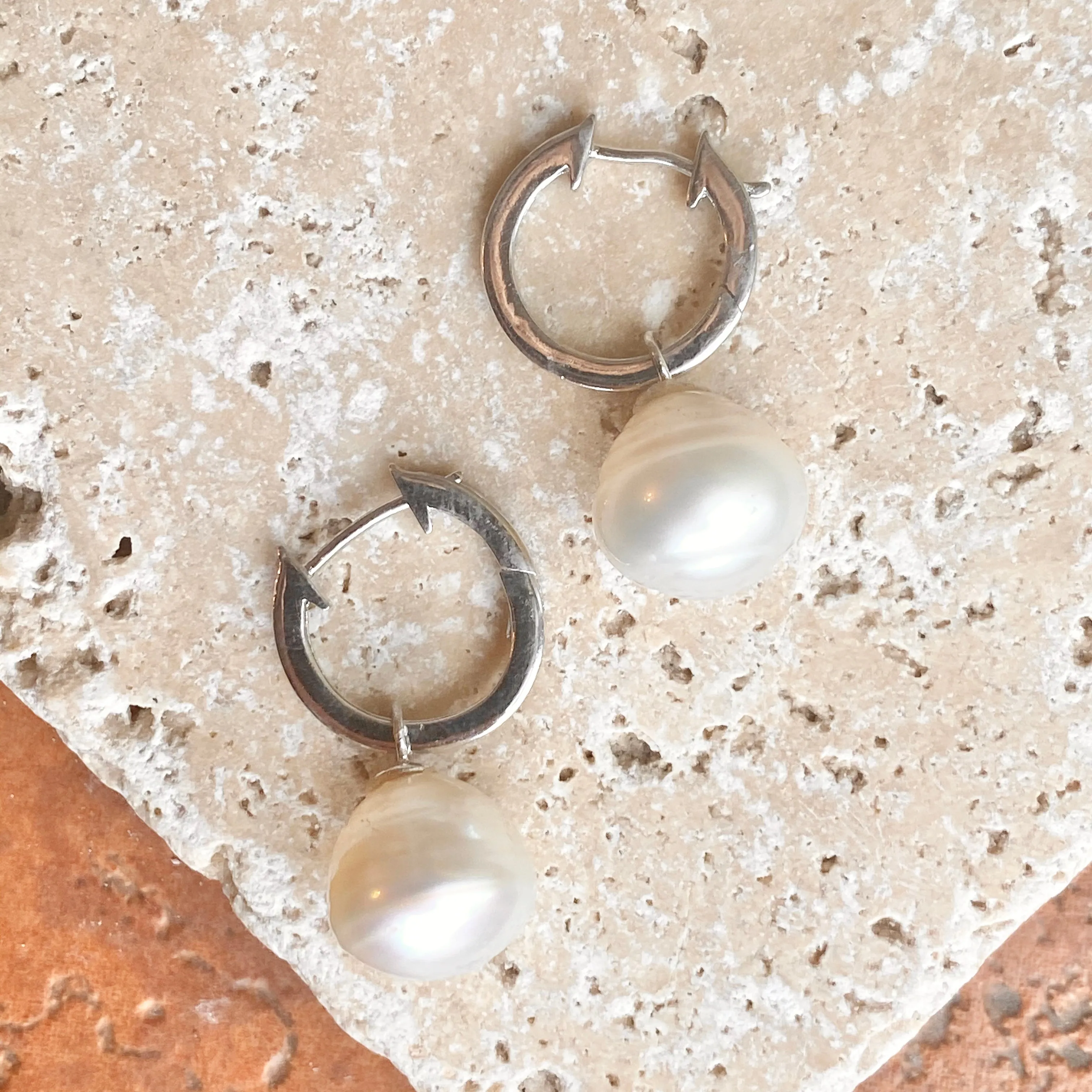 Sterling Silver Hoop with 12mm Paspaley Pearl Charm Earrings