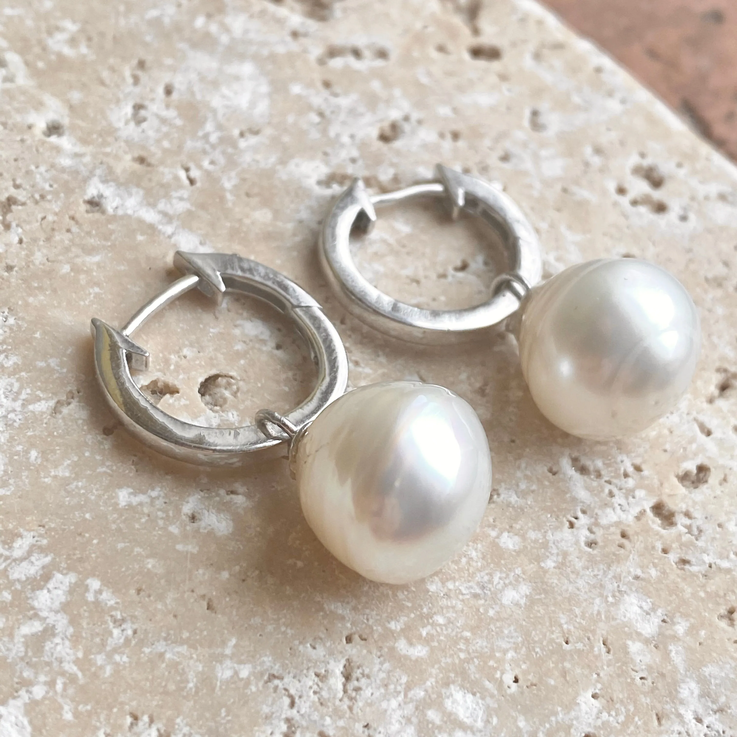 Sterling Silver Hoop with 12mm Paspaley Pearl Charm Earrings