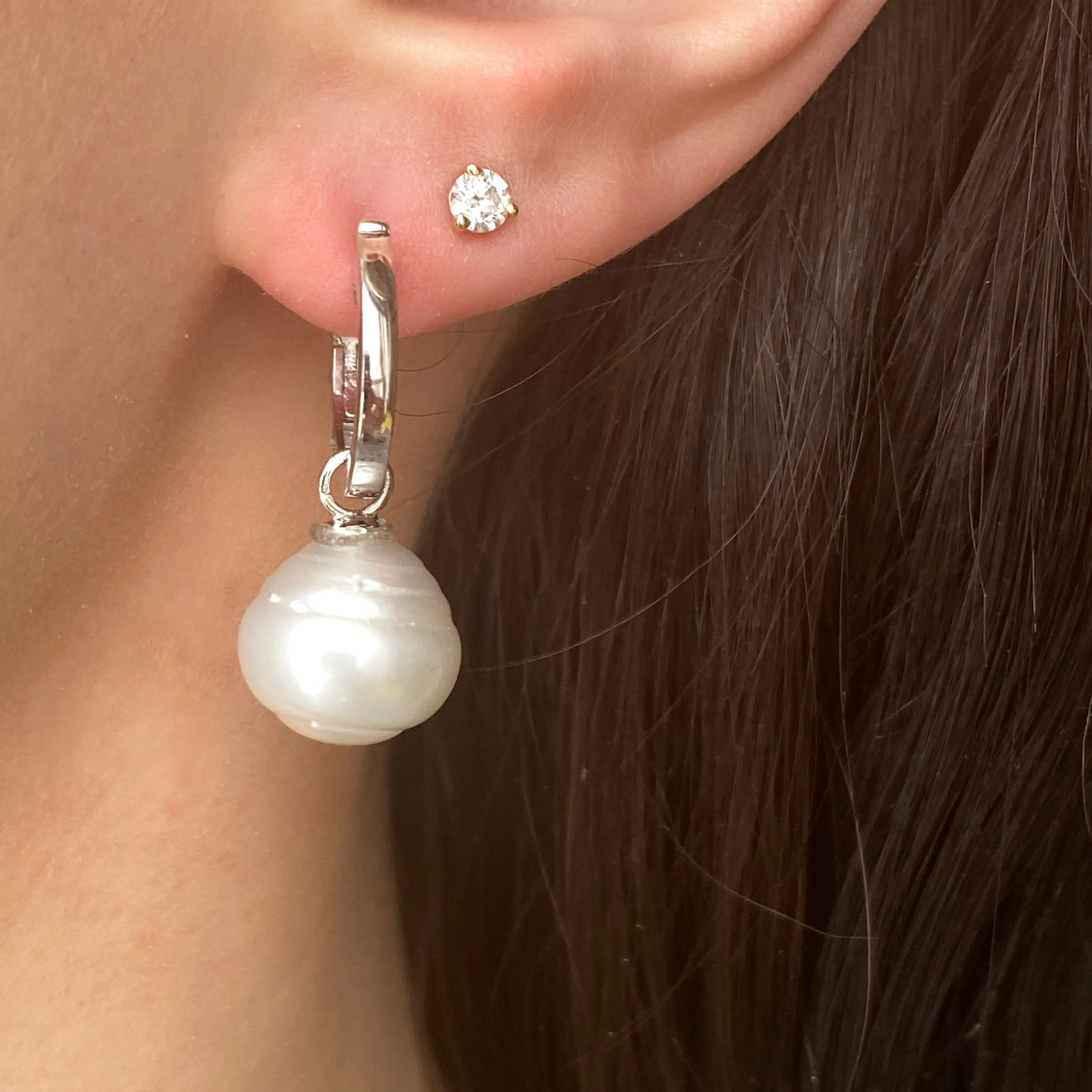 Sterling Silver Hoop with 12mm Paspaley Pearl Charm Earrings