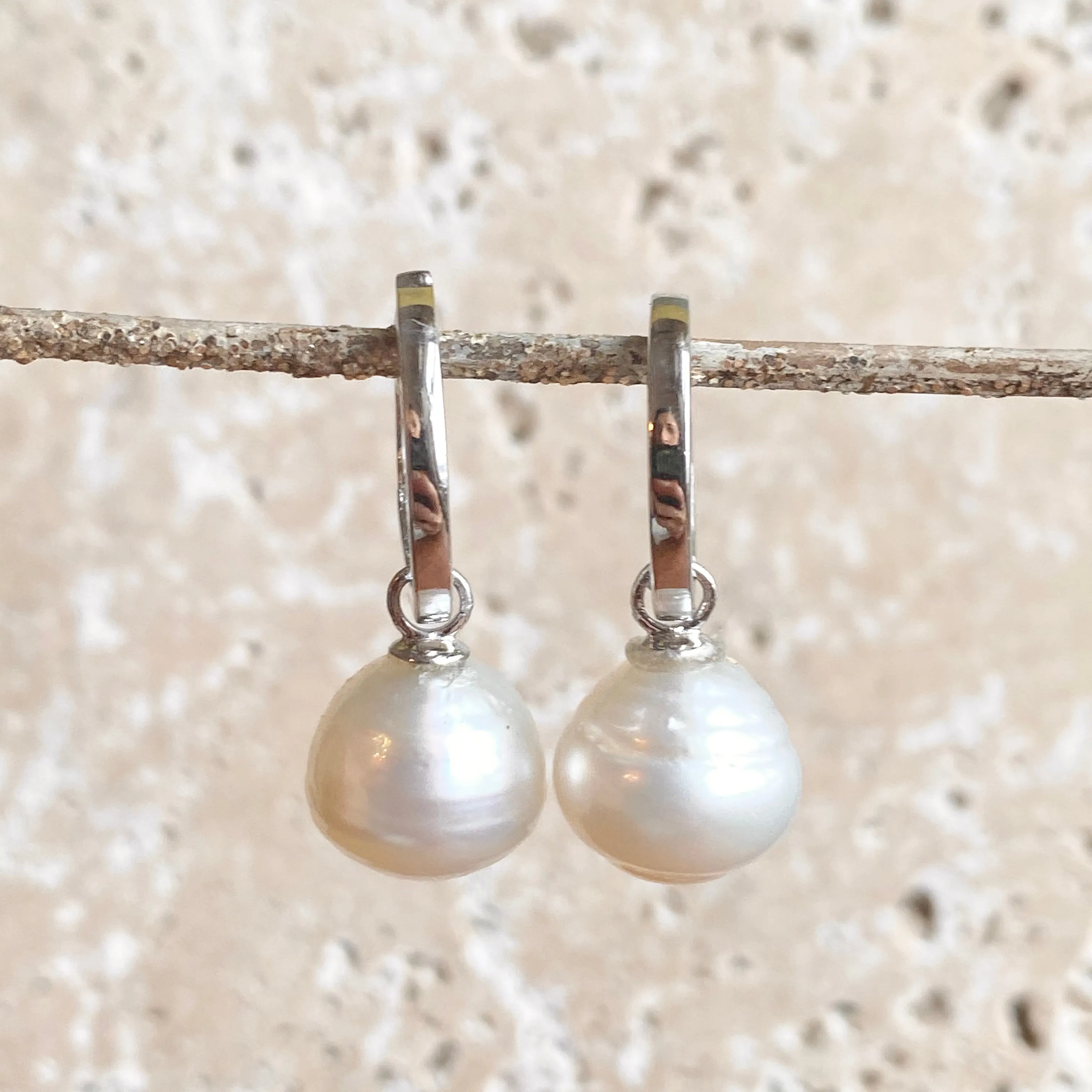 Sterling Silver Hoop with 12mm Paspaley Pearl Charm Earrings