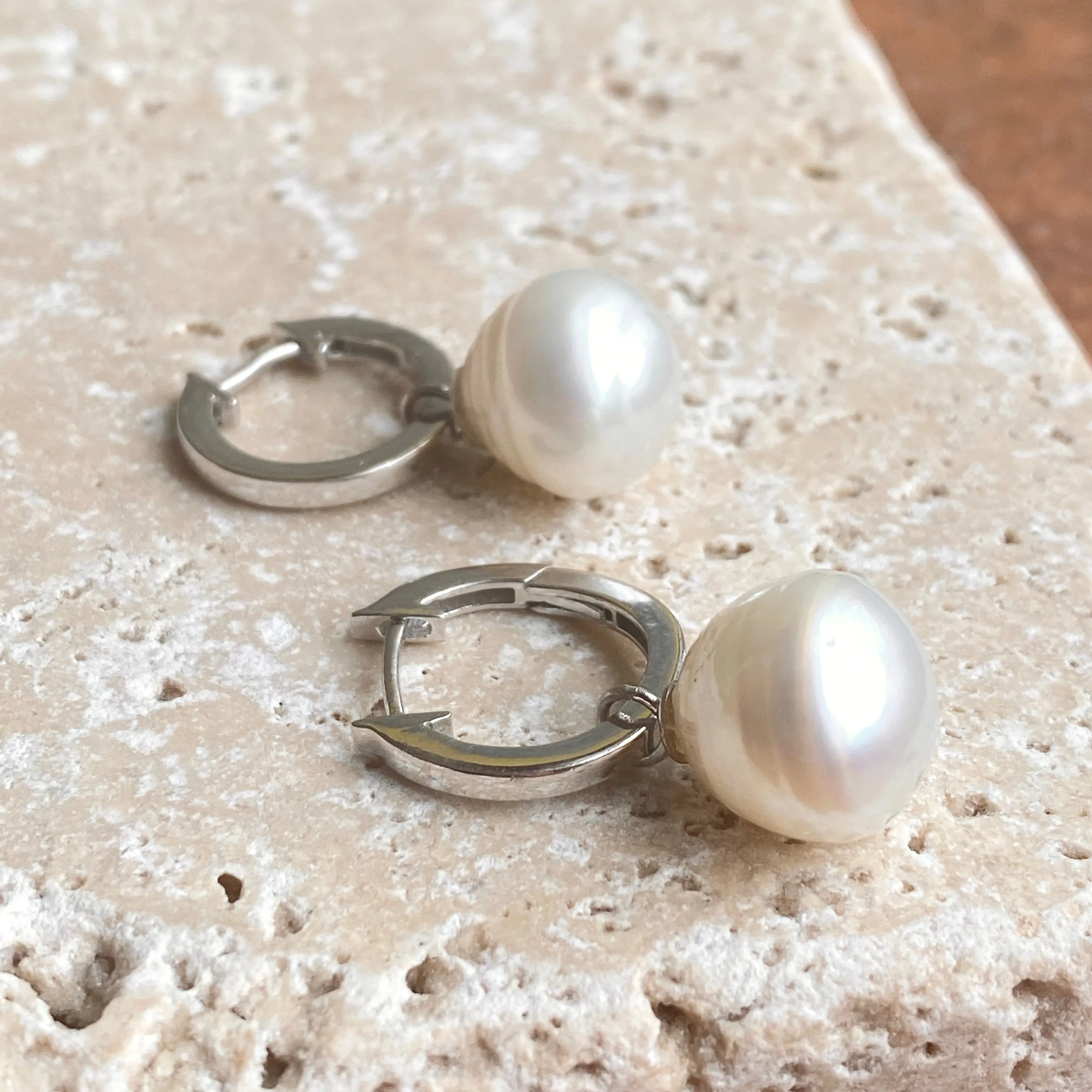 Sterling Silver Hoop with 12mm Paspaley Pearl Charm Earrings