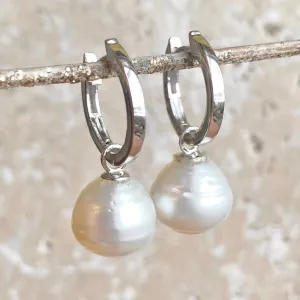 Sterling Silver Hoop with 12mm Paspaley Pearl Charm Earrings