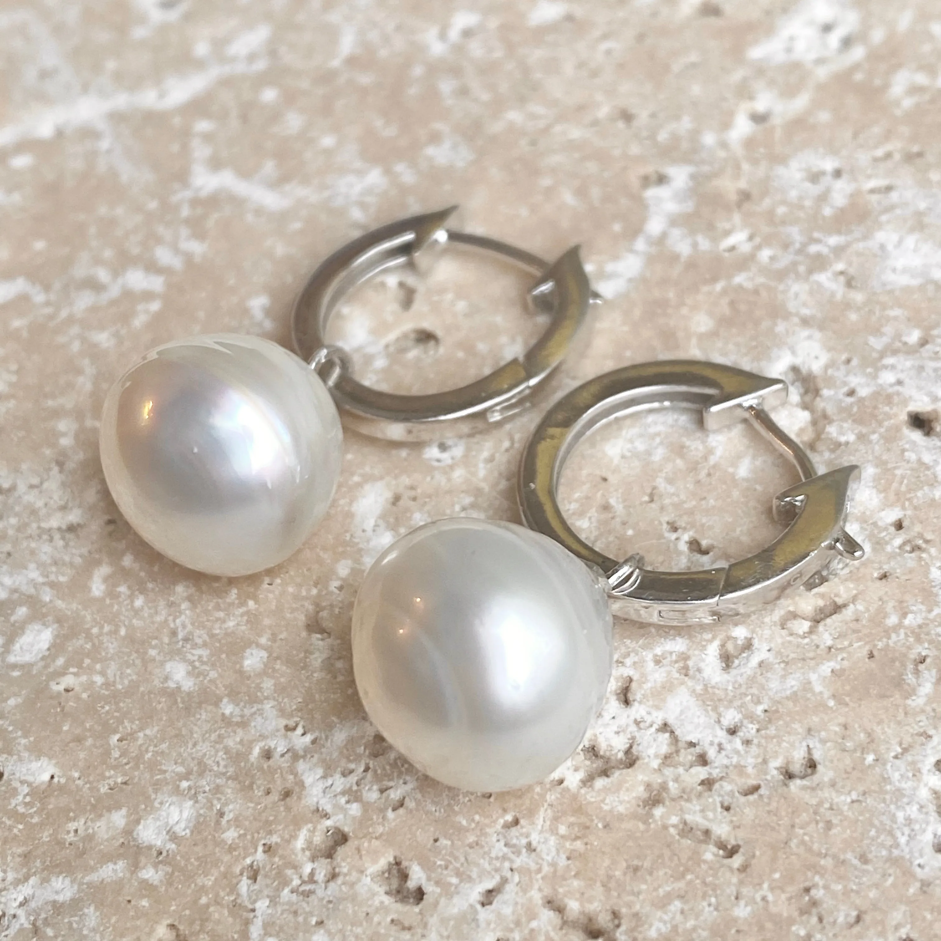 Sterling Silver Hoop with 12mm Paspaley Pearl Charm Earrings
