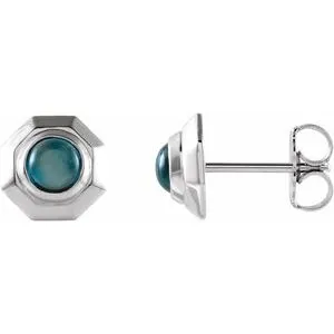 Sterling Silver Natural London Blue Topaz Geometric Cabochon Earrings