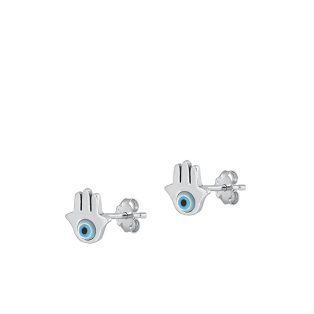 Sterling Silver Polished Mother of Pearl Hamsa Evil Eye Stud Earrings .925 New