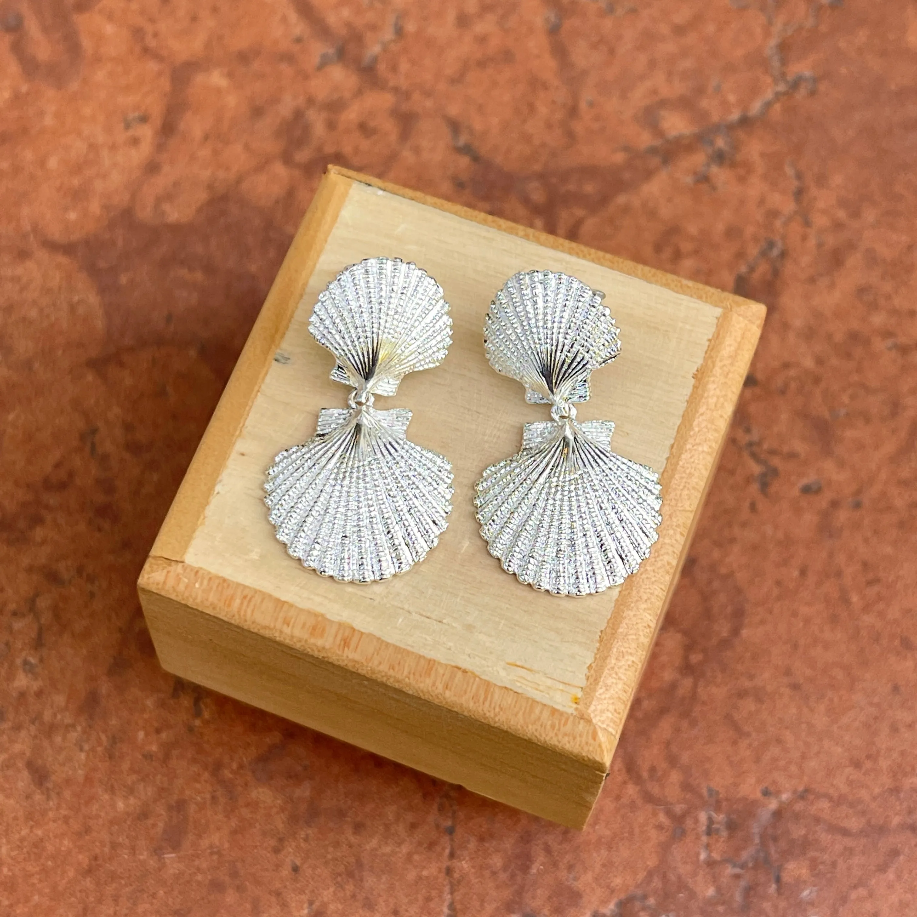 Sterling Silver Textured Double Sea Shell Drop Earrings
