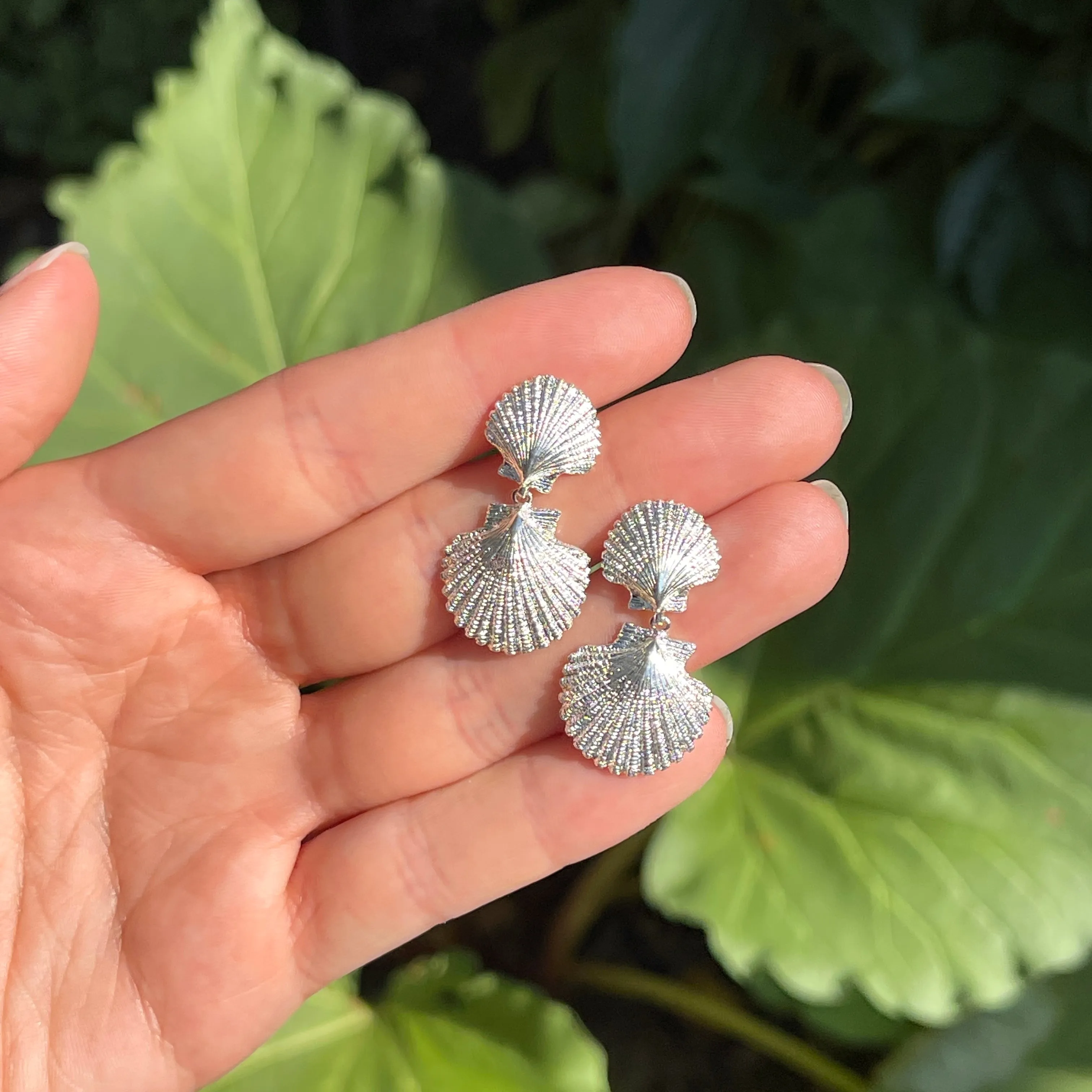 Sterling Silver Textured Double Sea Shell Drop Earrings