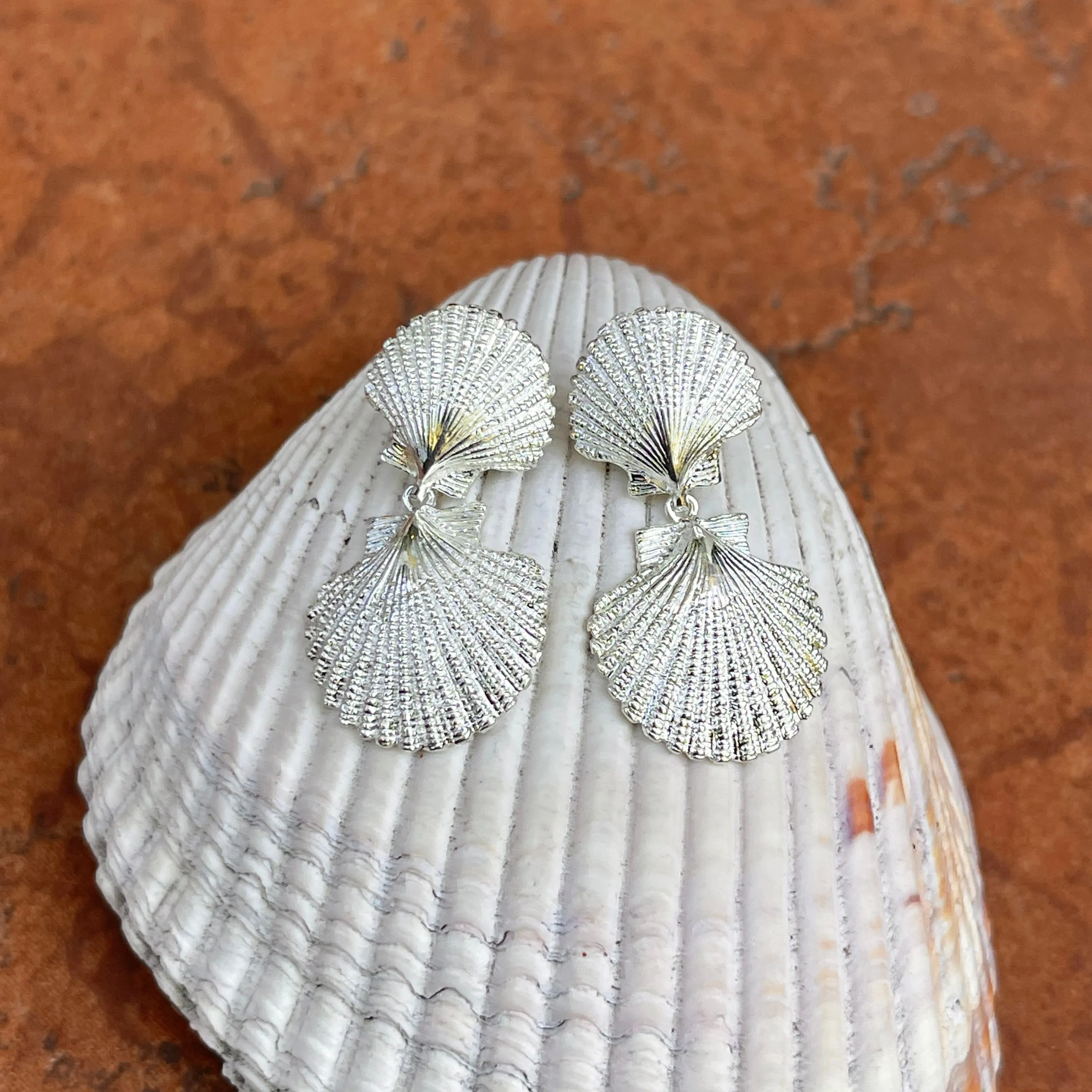 Sterling Silver Textured Double Sea Shell Drop Earrings