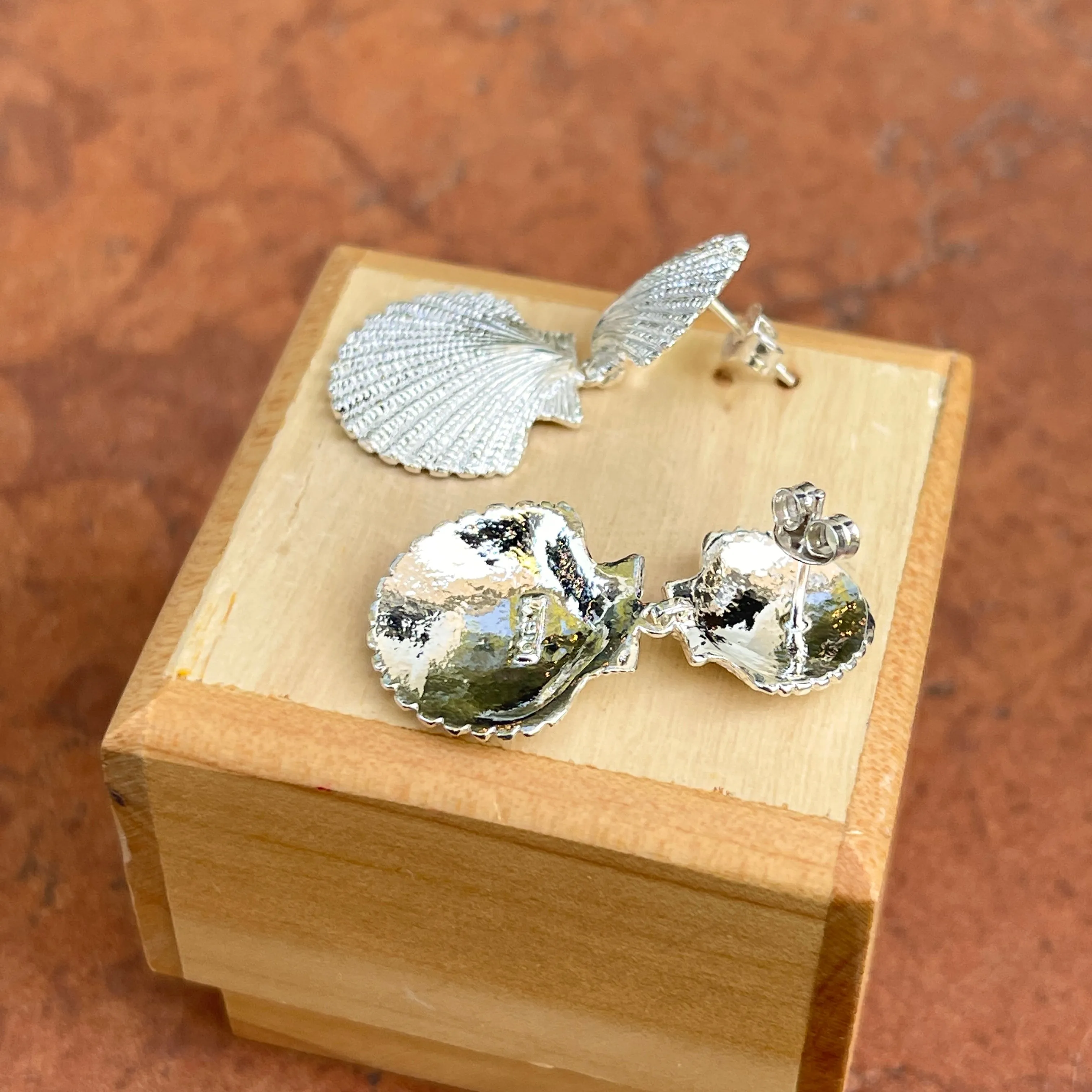 Sterling Silver Textured Double Sea Shell Drop Earrings