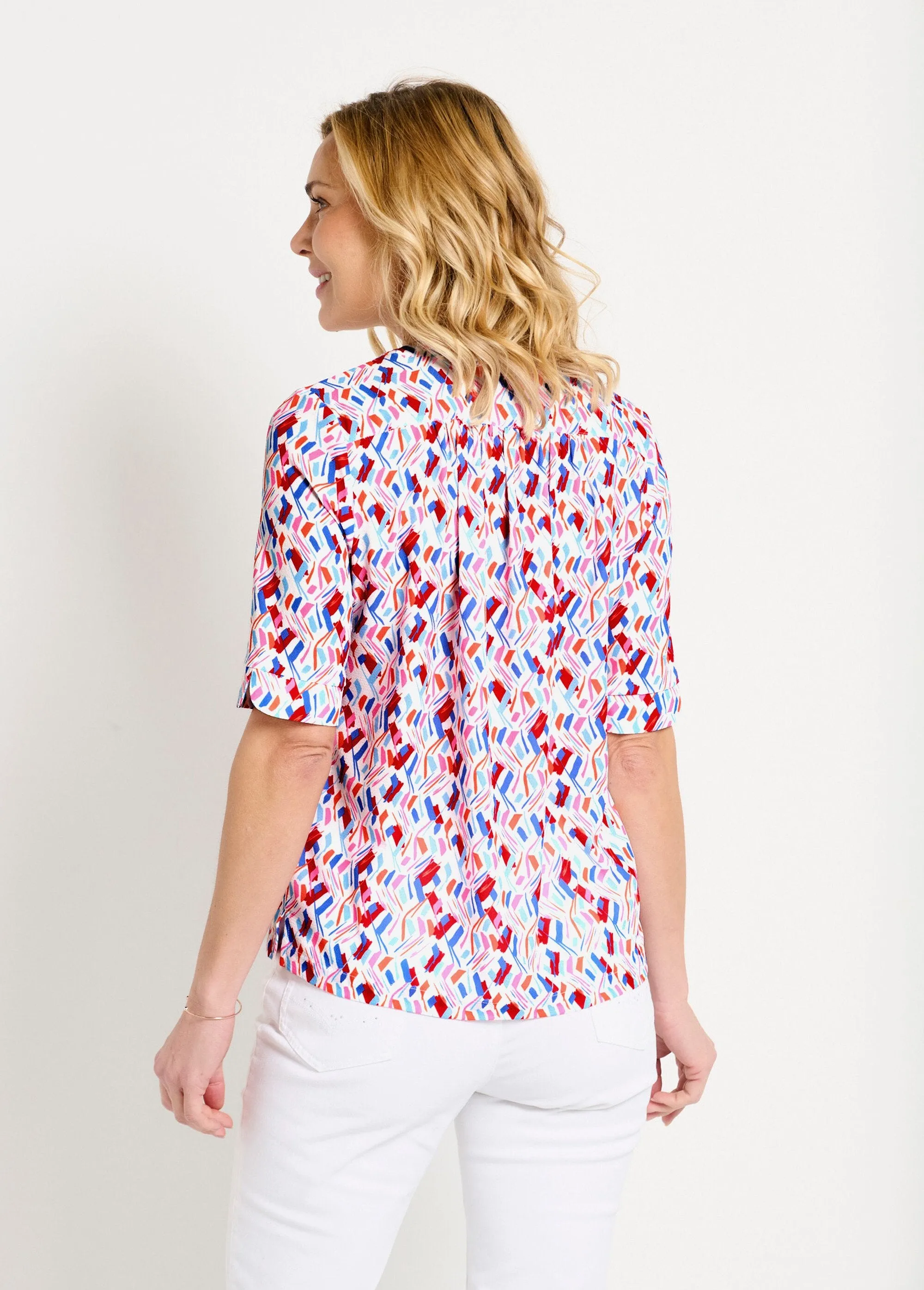 Straight V-neck tunic with short printed sleeves